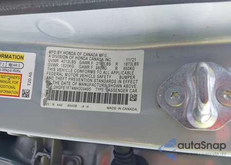 2022 Honda Civic Ex from USA, damaged, VIN 2HGFE1F74NH309495